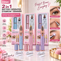 Three YESX 2-in-1 battery operated eyebrow trimmers in pink, gold, and purple glitter, displayed with their retail packaging, charging cables, and accessories on a light marble surface. The image includes promotional text, icons, and close-up inset images demonstrating eyebrow grooming.
