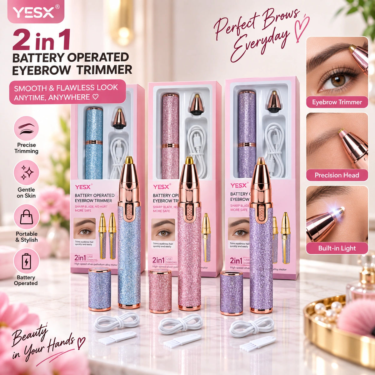 Three YESX 2-in-1 battery operated eyebrow trimmers in pink, gold, and purple glitter, displayed with their retail packaging, charging cables, and accessories on a light marble surface. The image includes promotional text, icons, and close-up inset images demonstrating eyebrow grooming.