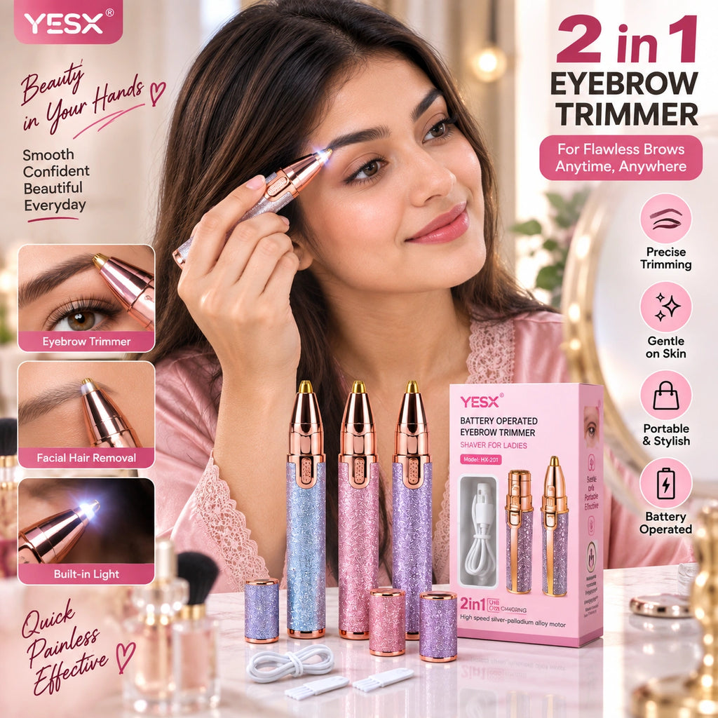 A woman demonstrates a pink YESX eyebrow trimmer on her brow while several pink and silver handheld eyebrow trimmers and their pink retail box are displayed in front. The image includes promotional text highlighting features such as precise trimming, gentle on skin, and battery operation.