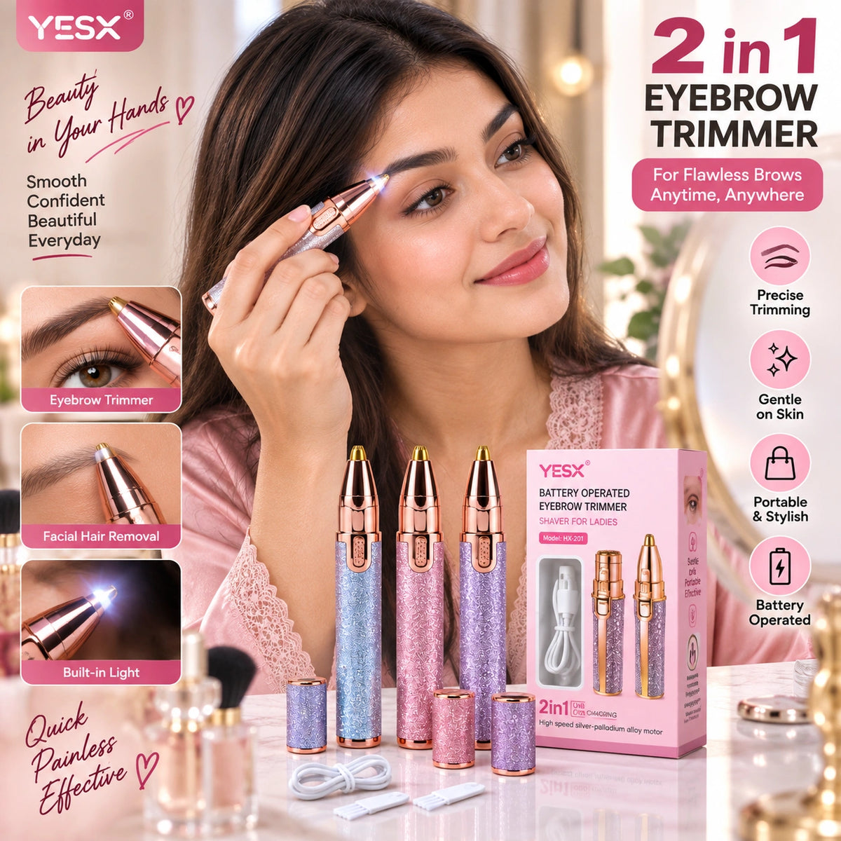 A woman demonstrates a pink YESX eyebrow trimmer on her brow while several pink and silver handheld eyebrow trimmers and their pink retail box are displayed in front. The image includes promotional text highlighting features such as precise trimming, gentle on skin, and battery operation.