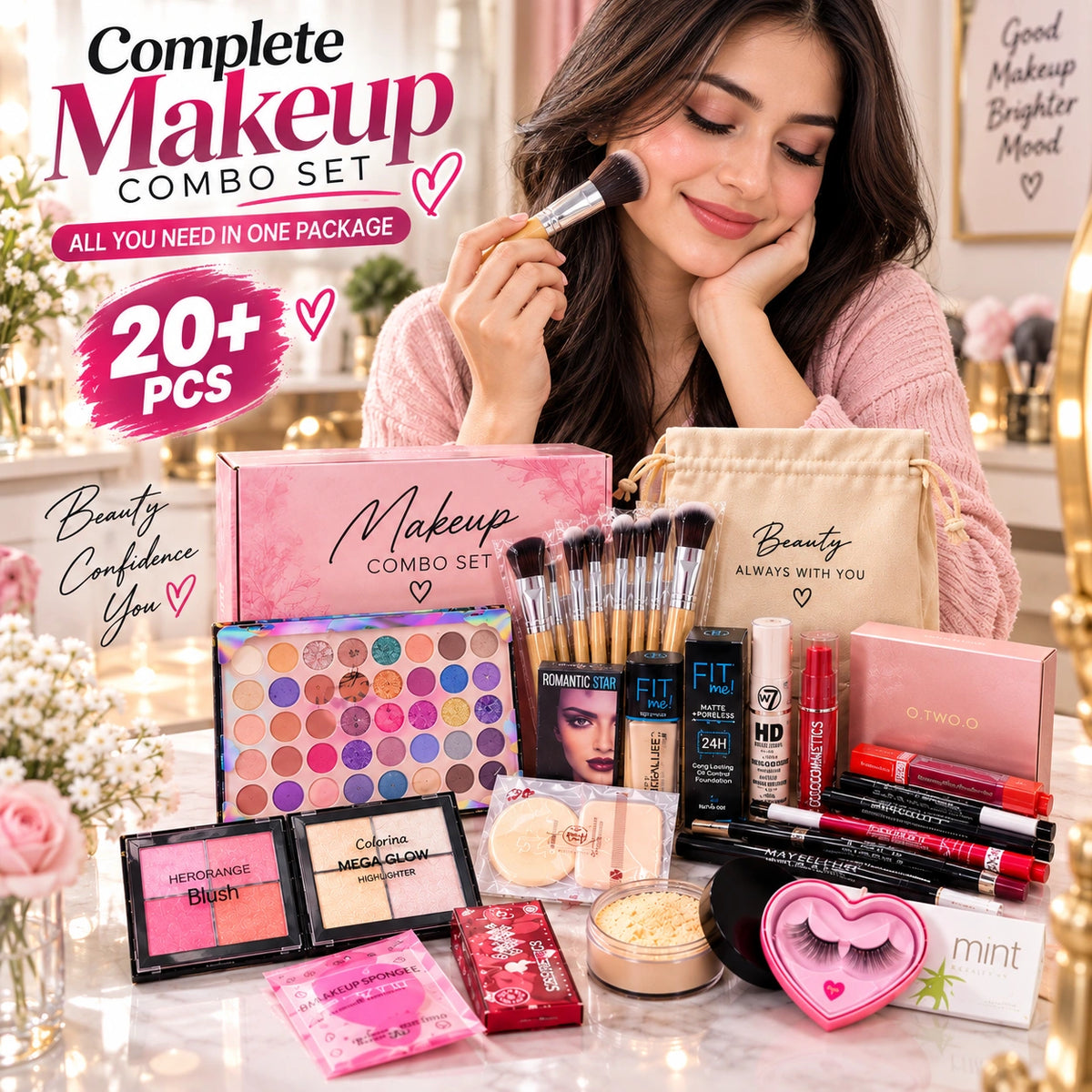 A woman applies makeup while surrounded by a large makeup combo set display on a table, including eyeshadow palettes, brushes, blush, foundation, lip products, and a pink makeup bag, with promotional text overlays.