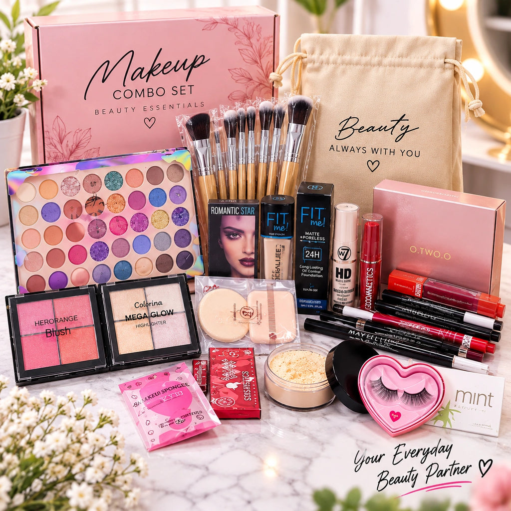 A large beauty gift set arranged on a marble surface with flowers and warm string lights in the background. The set includes a pink 'Makeup Combo Set' box, a beige drawstring bag, an eyeshadow palette, makeup brushes, two blush compacts, a contour/bronzer stick, a liquid bronzer, a pink compact, false eyelashes in a heart-shaped case, lip glosses, and other cosmetic items.