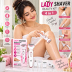 A woman in a white towel demonstrates a pink and white 4-in-1 electric shaver on her legs, with the product box, shaver, and accessories displayed in front. The image includes feature icons on the left and usage examples for underarm, legs, face, and bikini line on the right.