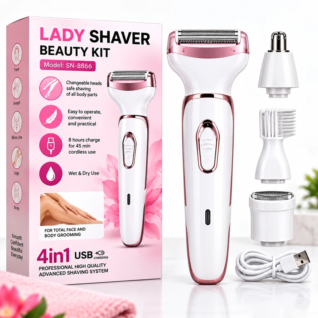 A 4-in-1 USB lady shaver beauty kit shown with its pink retail box, the main white-and-rose-gold electric shaver, and three interchangeable heads on a clean white background. The box reads 'LADY SHAVER BEAUTY KIT' and includes model number SN-8866.