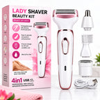 A 4-in-1 USB lady shaver beauty kit shown with its pink retail box, the main white-and-rose-gold electric shaver, and three interchangeable heads on a clean white background. The box reads 'LADY SHAVER BEAUTY KIT' and includes model number SN-8866.