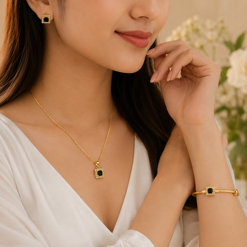 Black Stone 3-Piece Jewelry Set | Necklace, Earrings & Bracelet