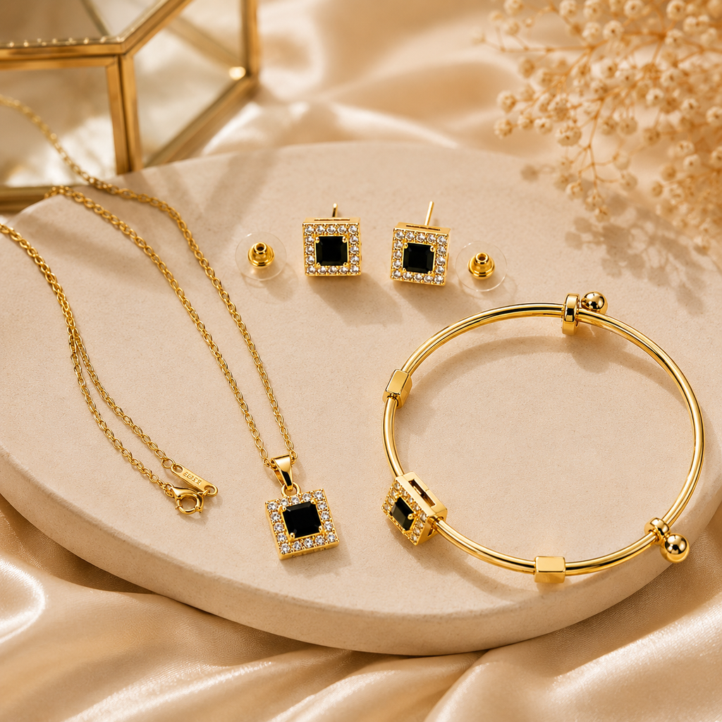 Black Stone 3-Piece Jewelry Set | Necklace, Earrings & Bracelet