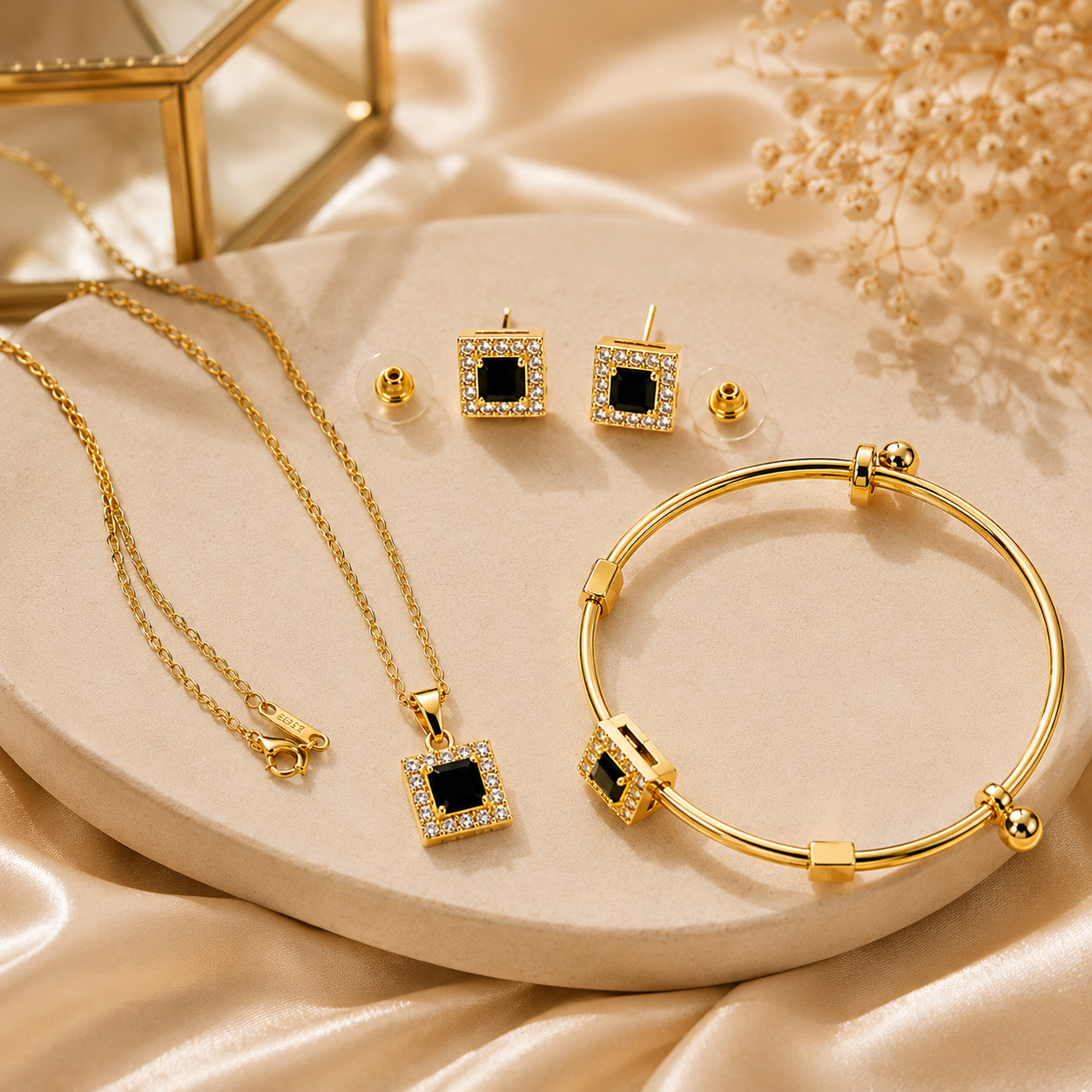 Black Stone 3-Piece Jewelry Set | Necklace, Earrings & Bracelet