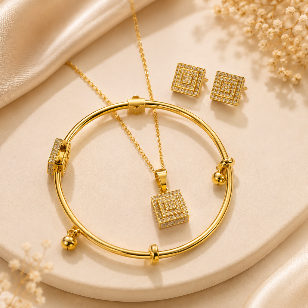 Elegant Square Crystal 3-Piece Jewelry Set | Necklace, Bracelet & Earrings