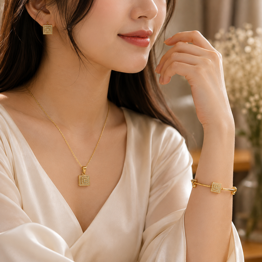 Elegant Square Crystal 3-Piece Jewelry Set | Necklace, Bracelet & Earrings