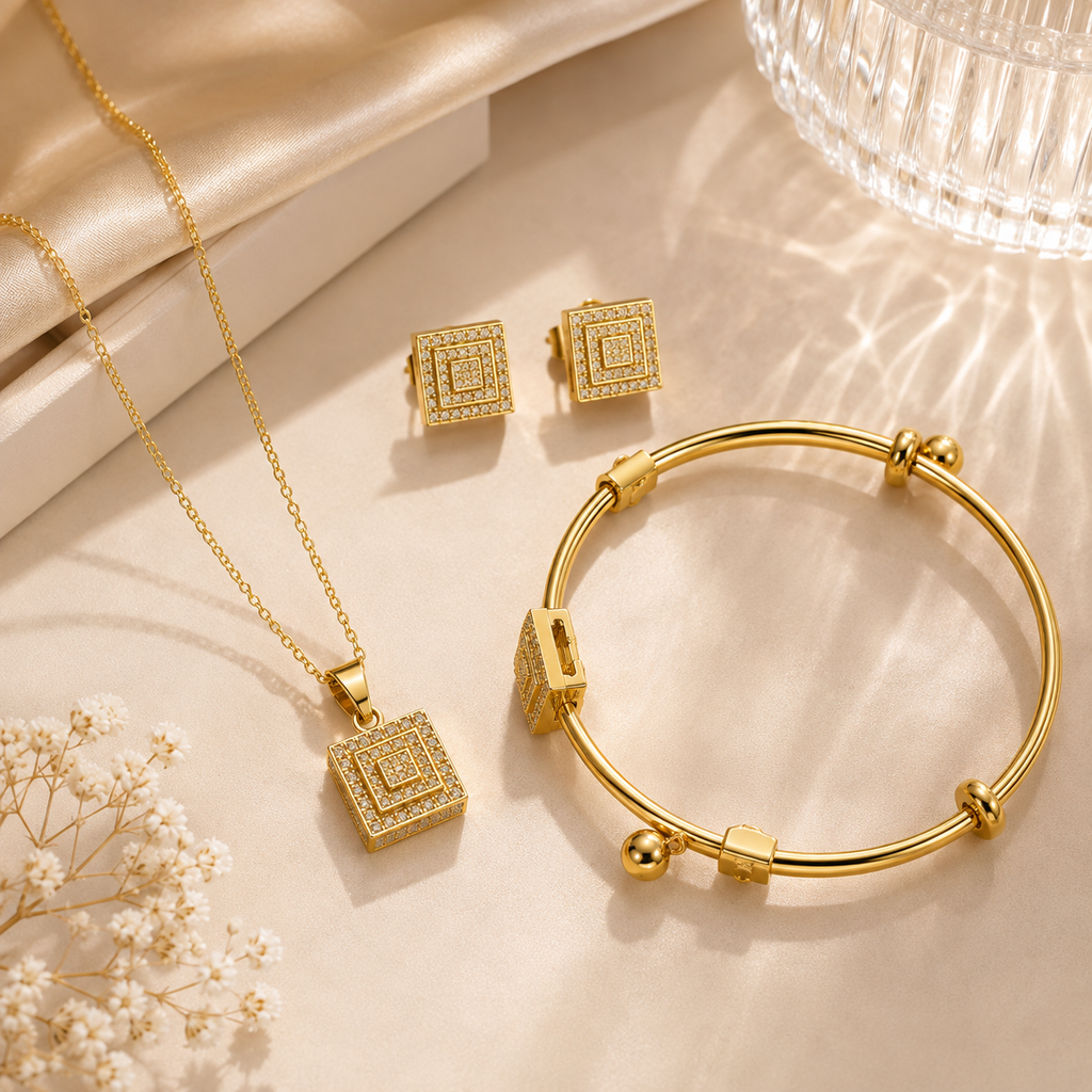 Elegant Square Crystal 3-Piece Jewelry Set | Necklace, Bracelet & Earrings