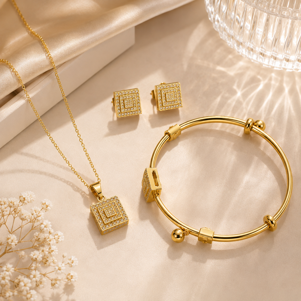 Elegant Square Crystal 3-Piece Jewelry Set | Necklace, Bracelet & Earrings