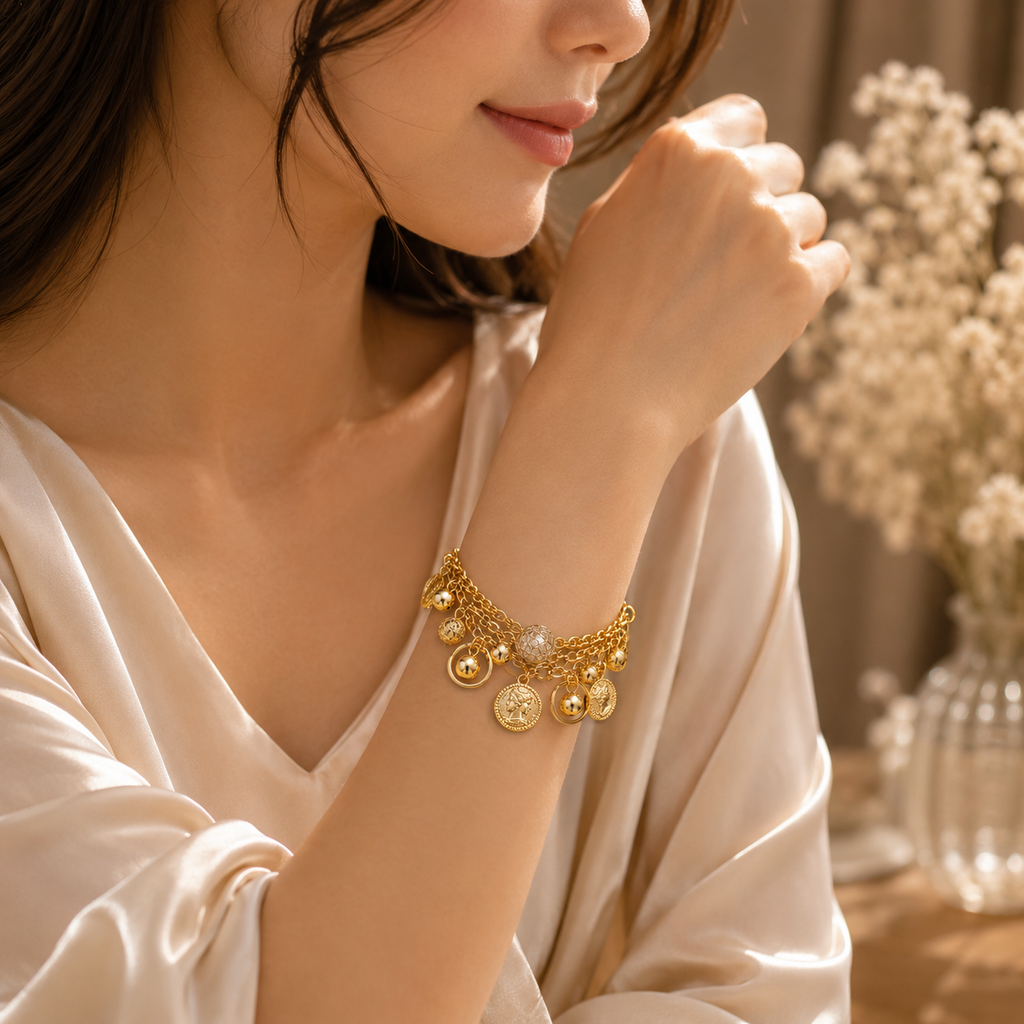 Golden Vintage Charm Bracelet for Women | Elegant Layered Chain Bracelet