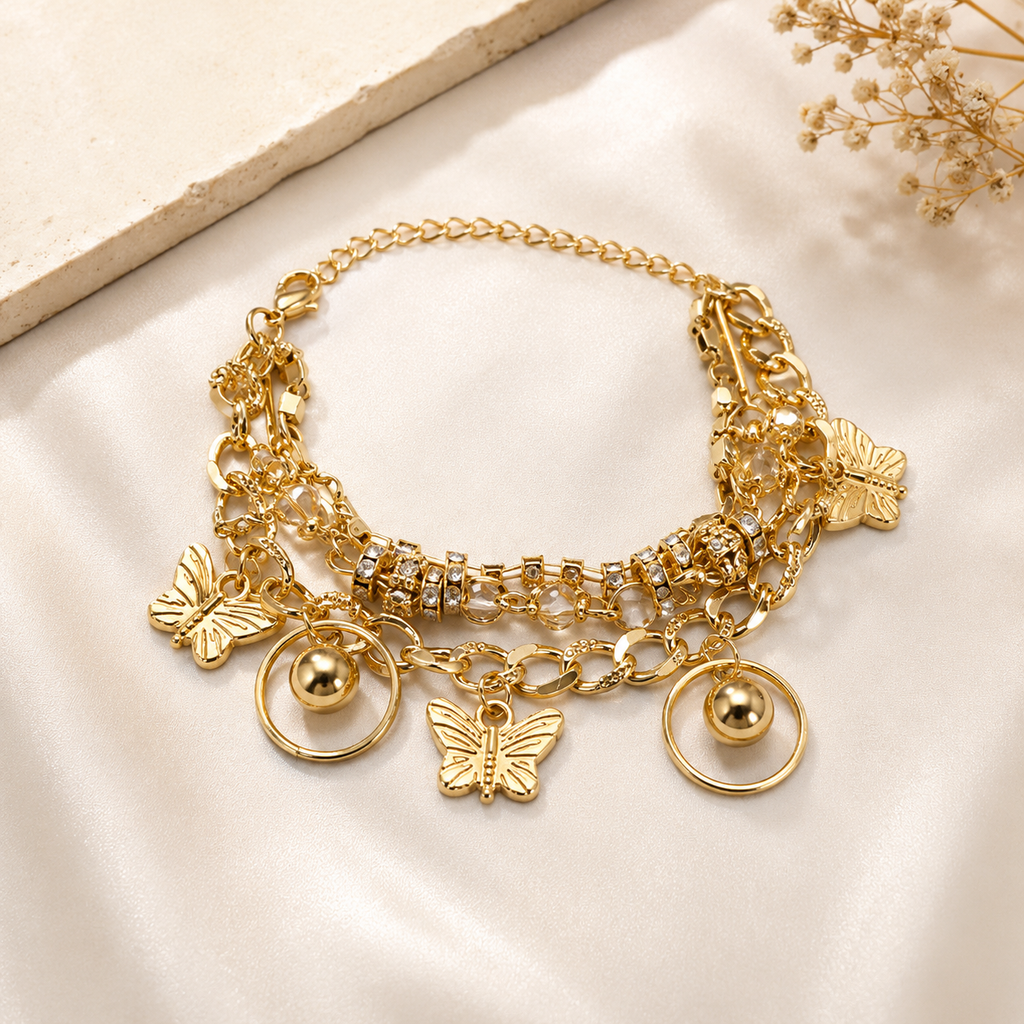 Golden Butterfly Charm Layered Bracelet