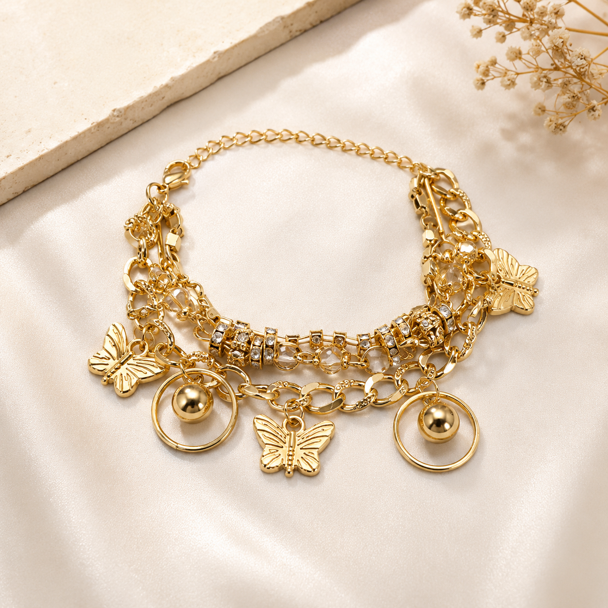 Golden Butterfly Charm Layered Bracelet