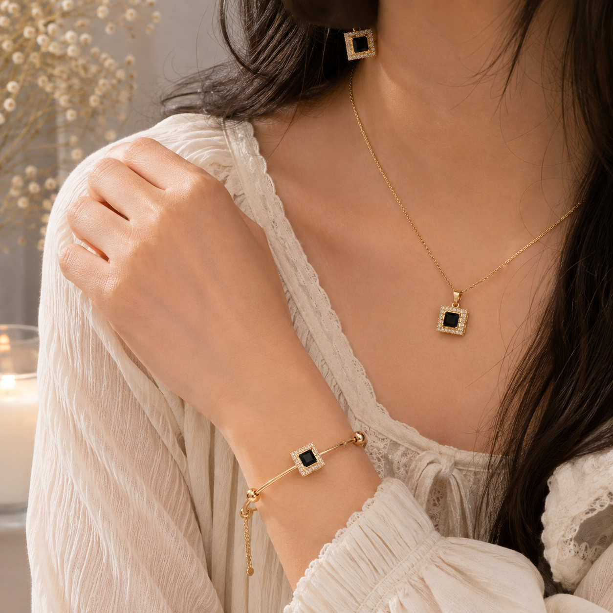 Elegant Black Stone Gold Jewelry Set for Women