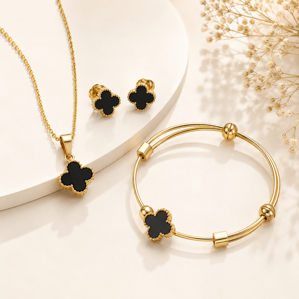 Elegant Black Clover Gold Jewelry Set for Women