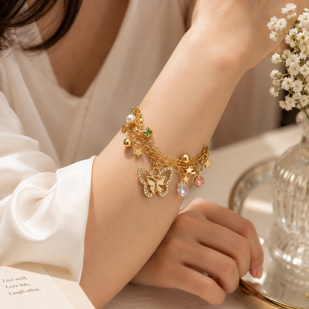 Butterfly Charm Layered Bracelet for Women | Elegant Gold Bracelet