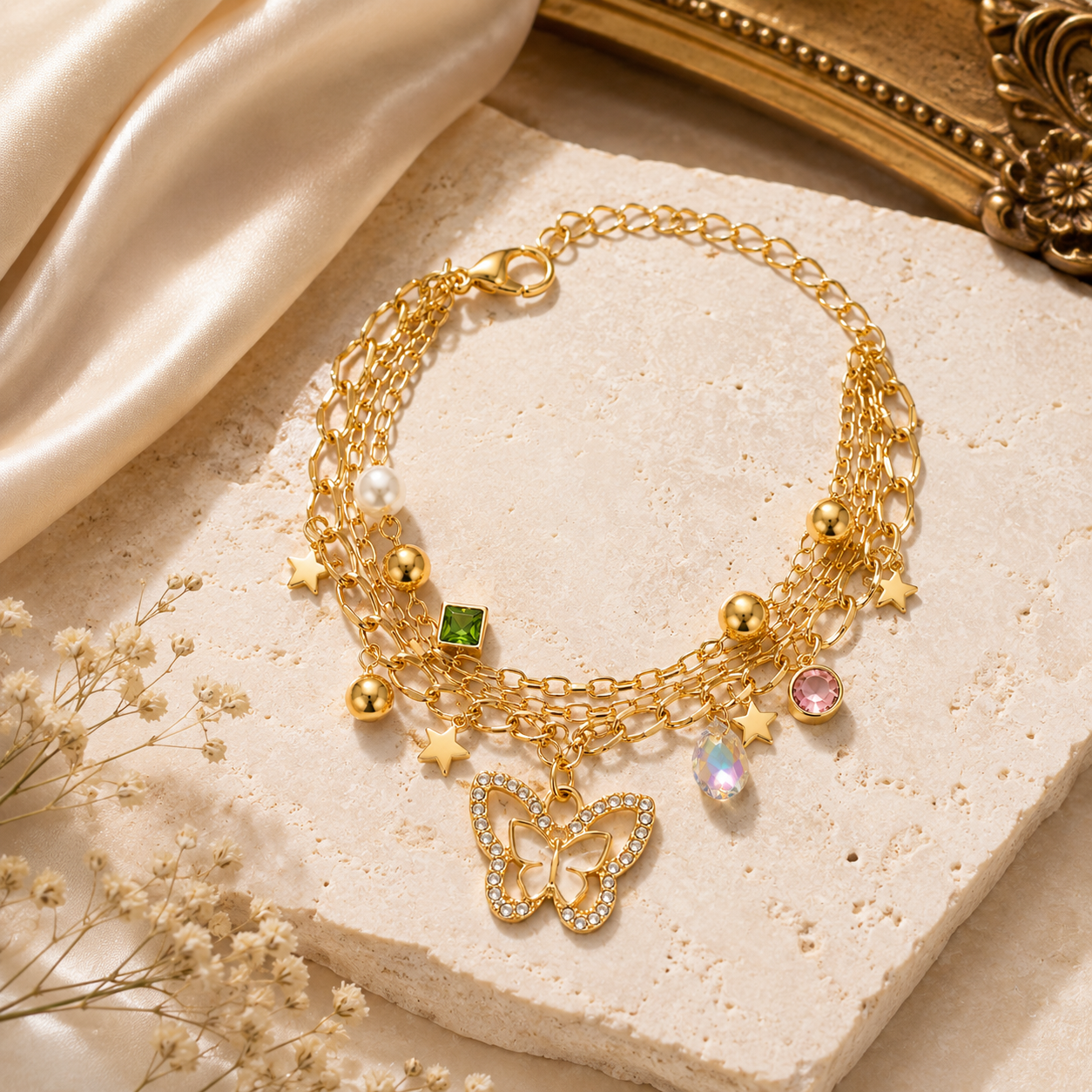 Butterfly Charm Layered Bracelet for Women | Elegant Gold Bracelet