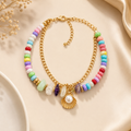 Colorful Beaded Charm Bracelet with Crystal & Shell Pendant