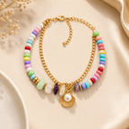 Colorful Beaded Charm Bracelet with Crystal & Shell Pendant