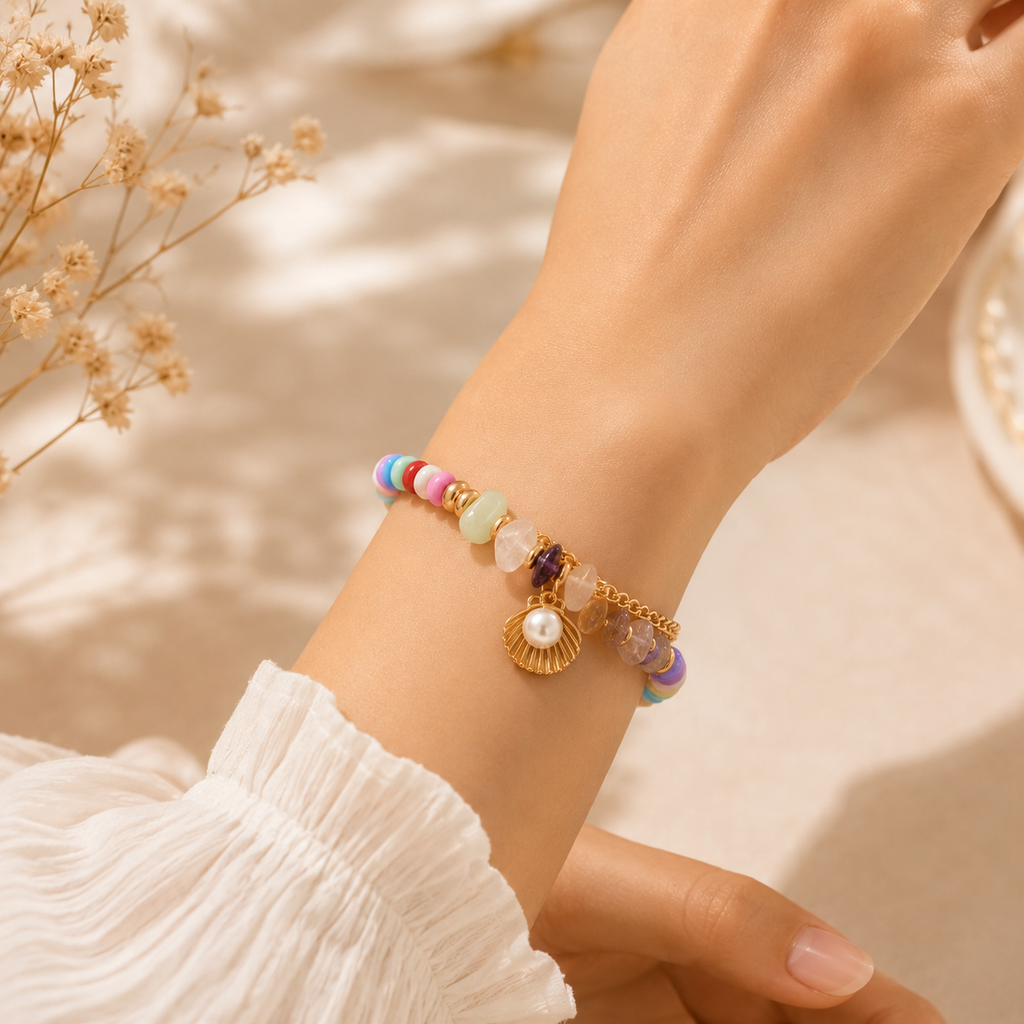 Colorful Beaded Charm Bracelet with Crystal & Shell Pendant