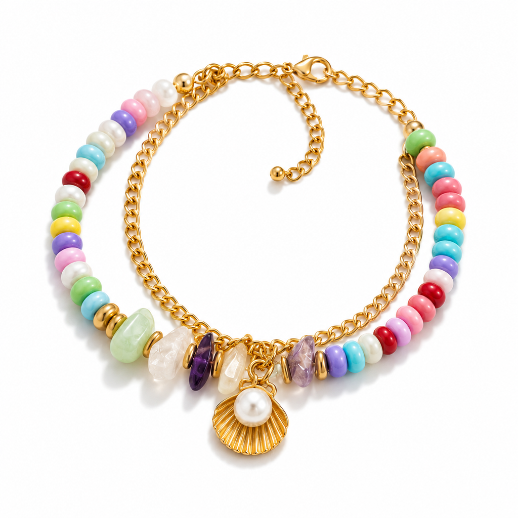 Colorful Beaded Charm Bracelet with Crystal & Shell Pendant