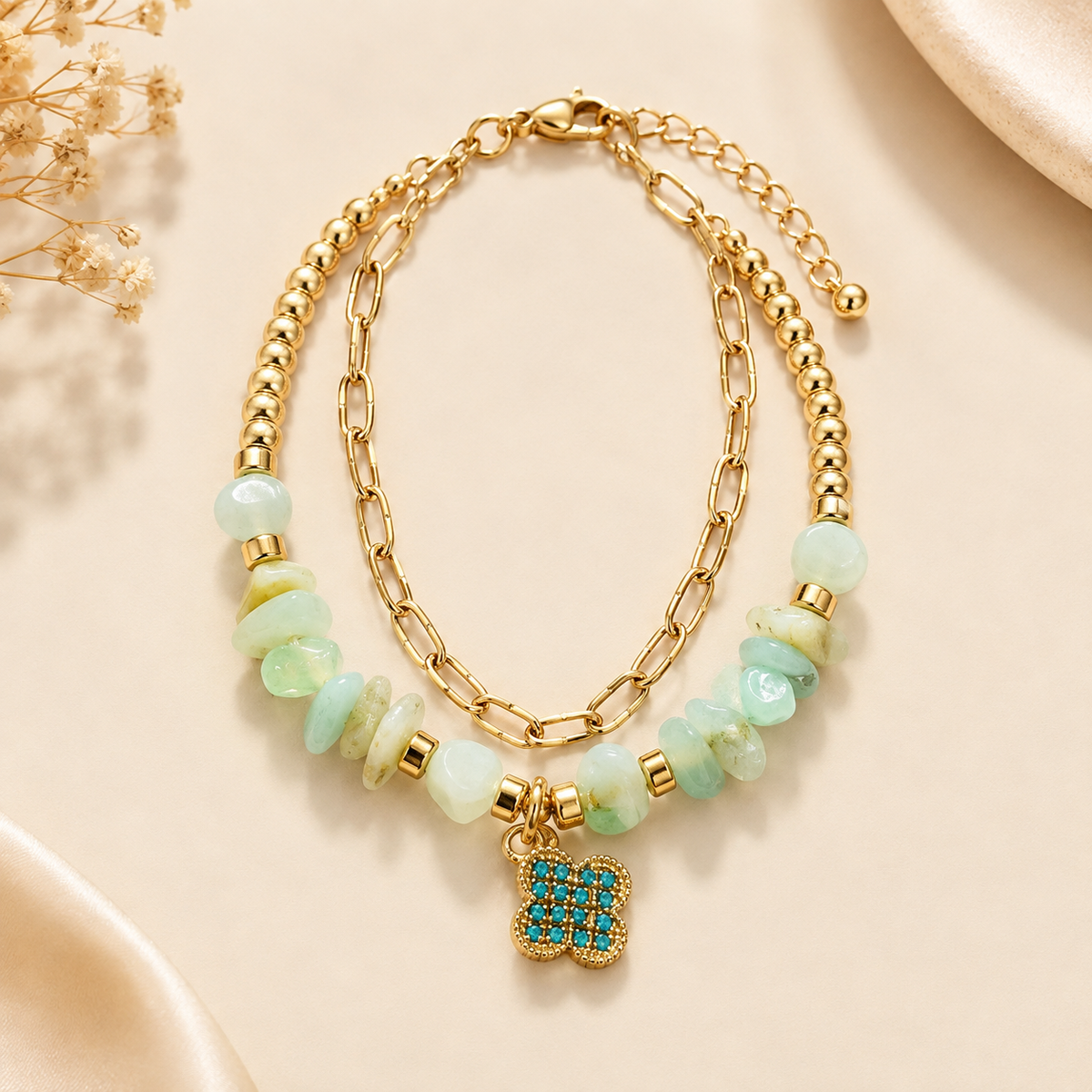 Green Beaded Double-Layer Charm Bracelet