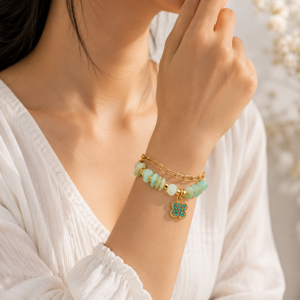 Green Beaded Double-Layer Charm Bracelet