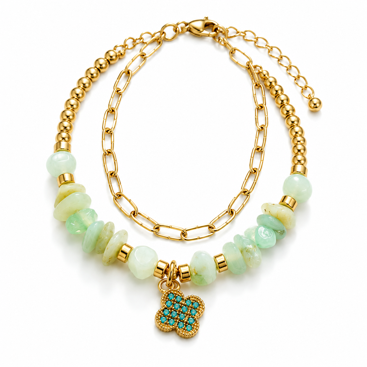 Green Beaded Double-Layer Charm Bracelet