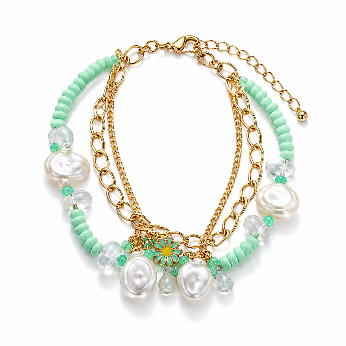Mint Green Beaded Flower Charm Bracelet