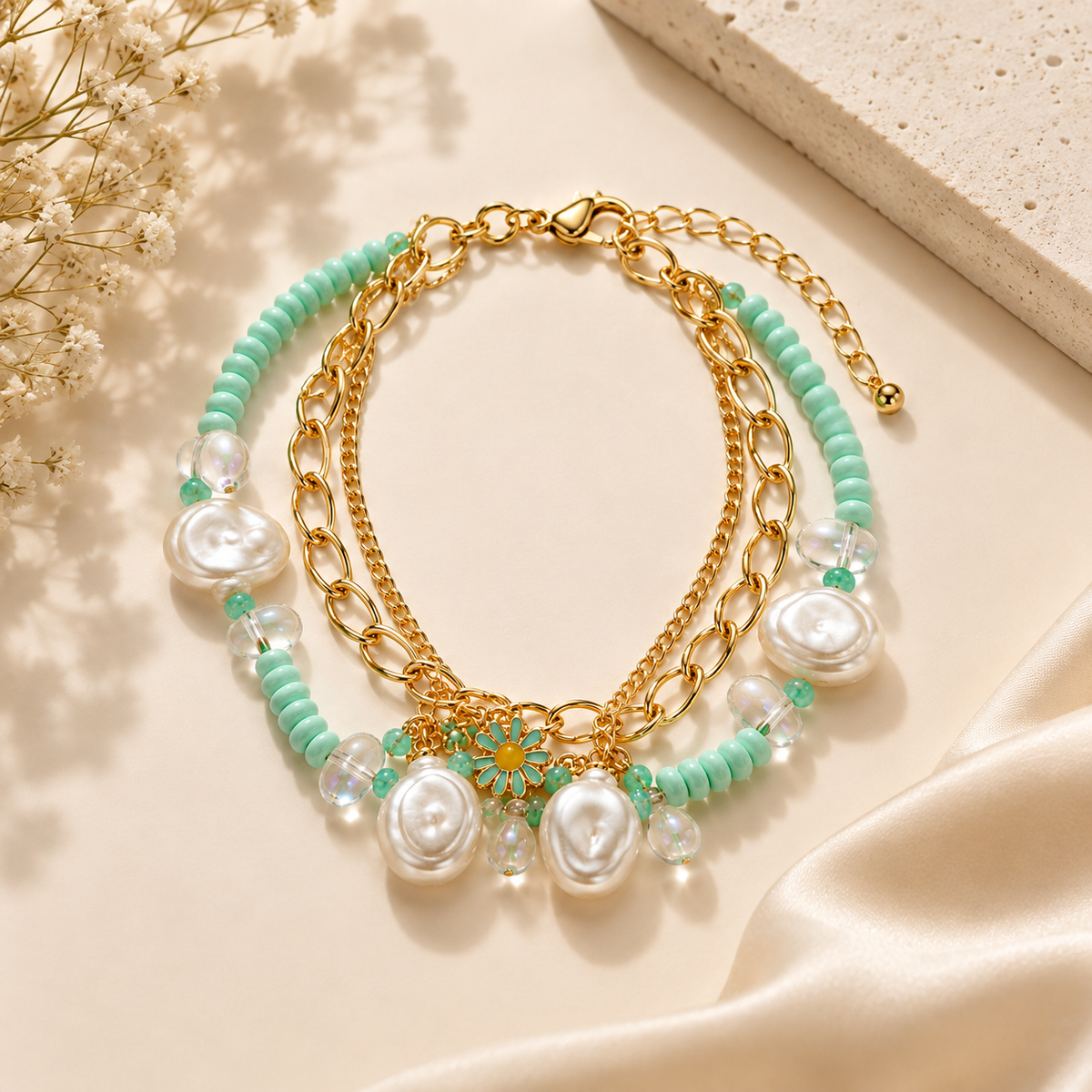Mint Green Beaded Flower Charm Bracelet