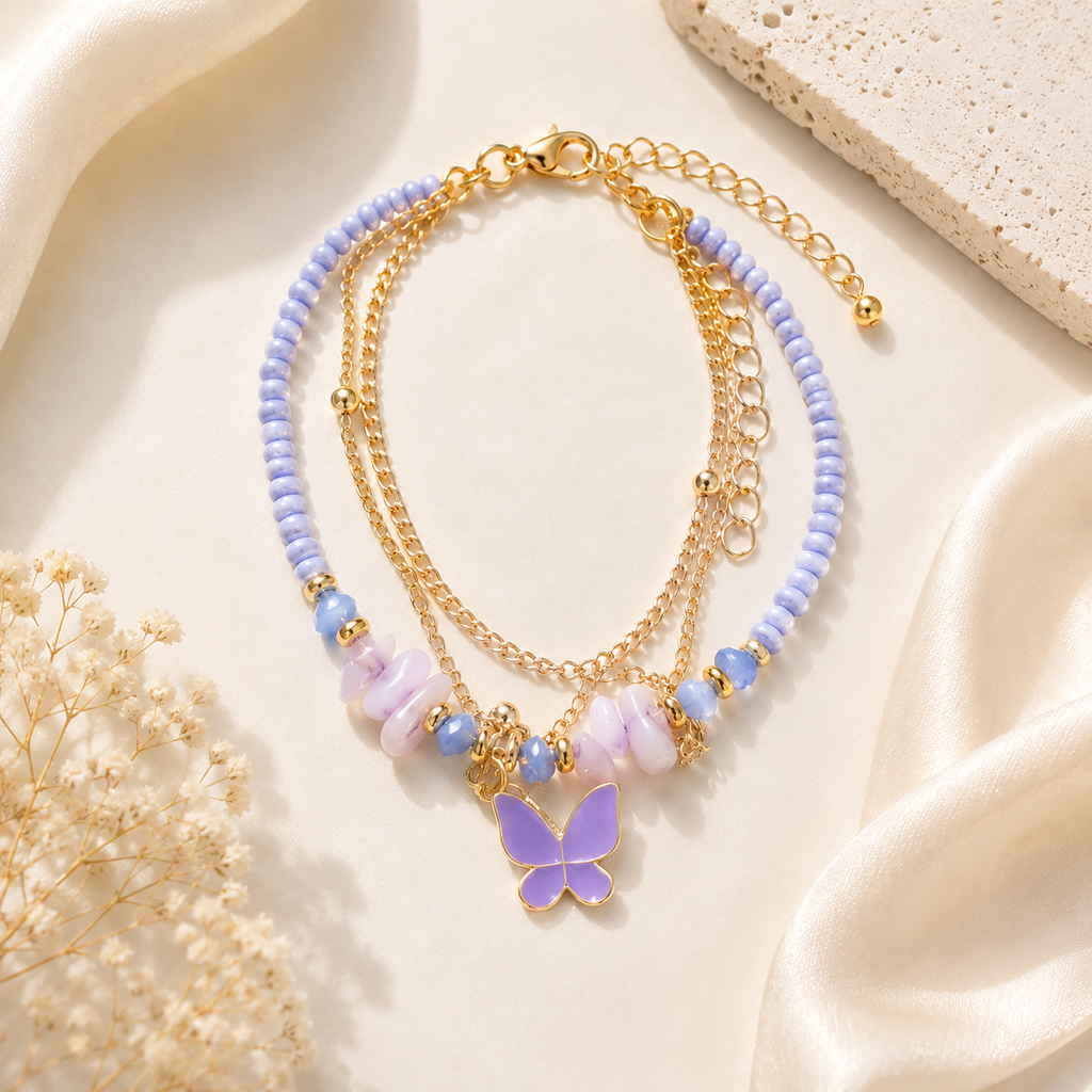 Lavender Beaded Butterfly Charm Bracelet