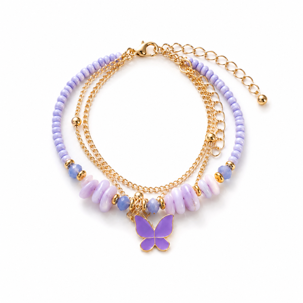 Lavender Beaded Butterfly Charm Bracelet