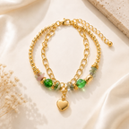 Emerald Green Beaded Heart Charm Bracelet