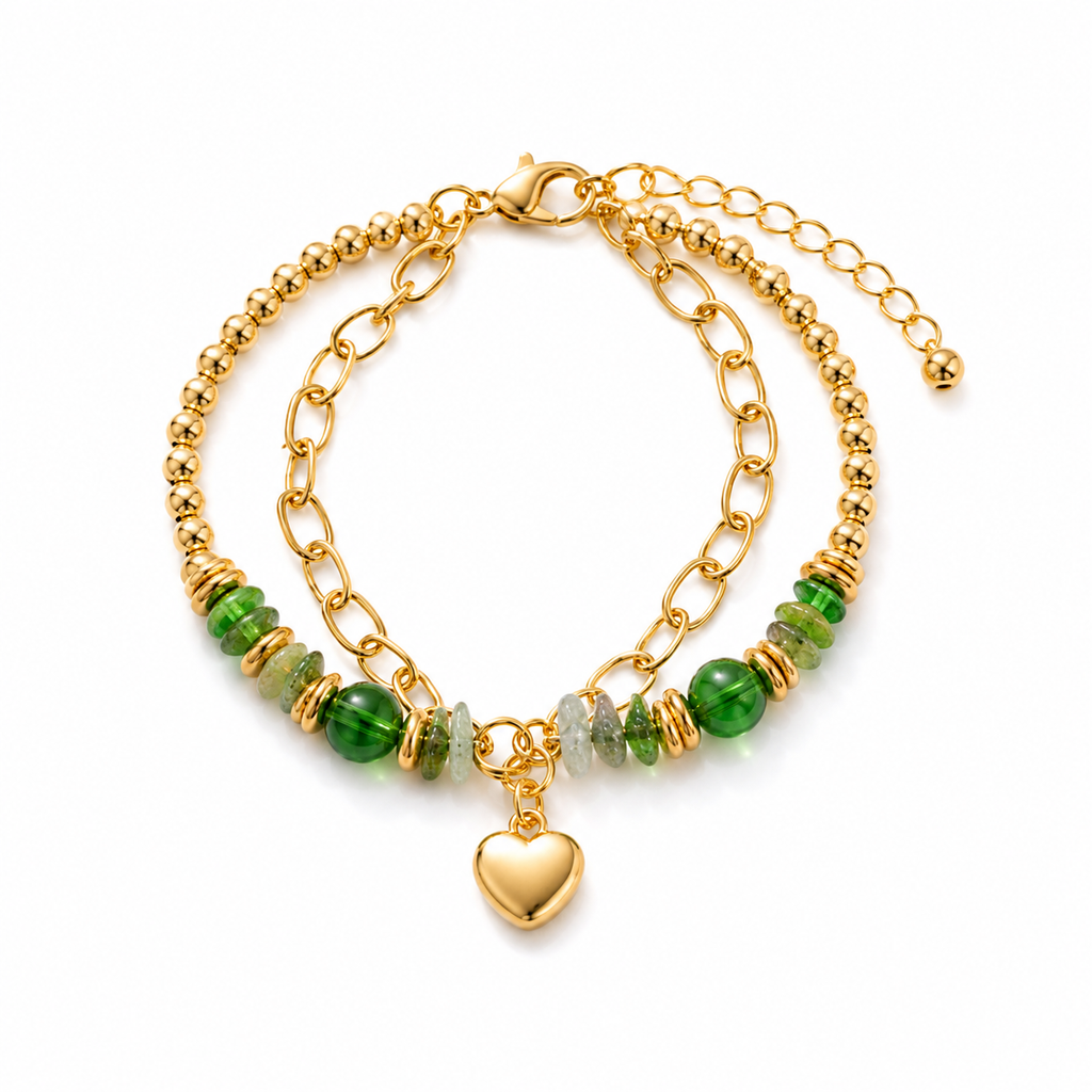 Emerald Green Beaded Heart Charm Bracelet