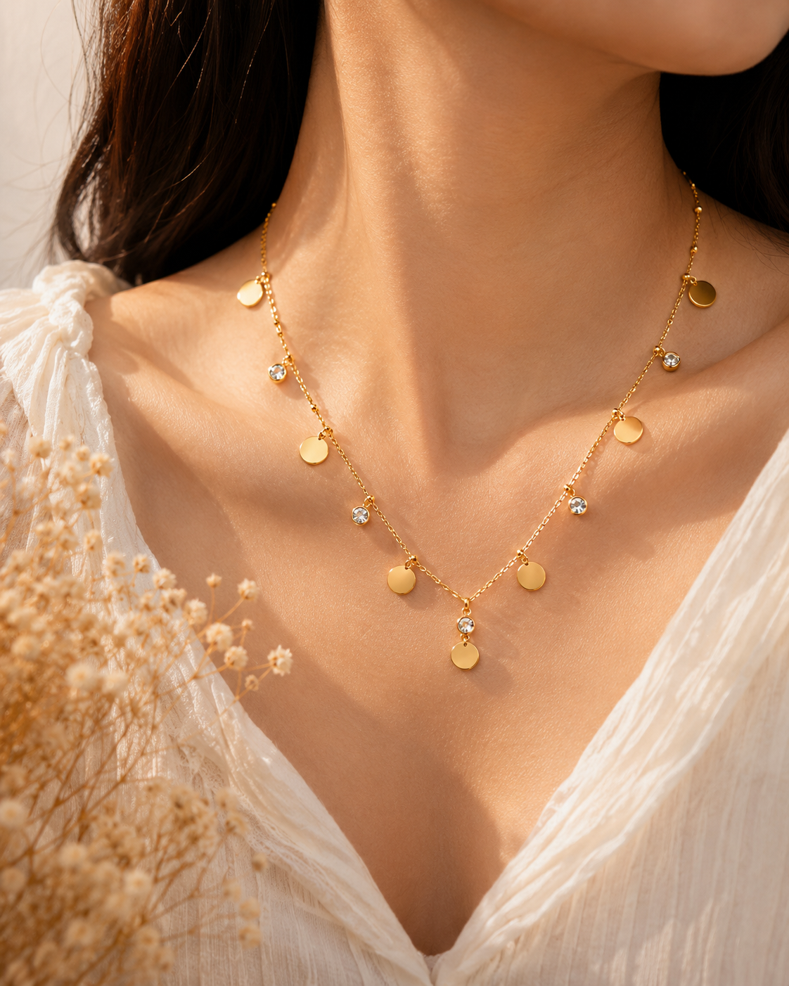 Gold Coin & Crystal Pendant Necklace for Women