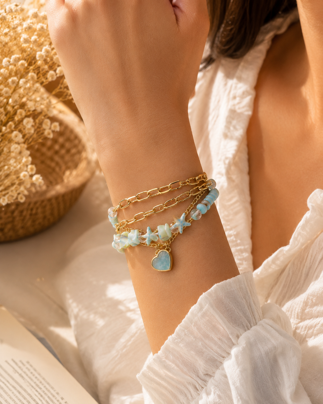 Blue Beaded Layered Bracelet with Heart Charm