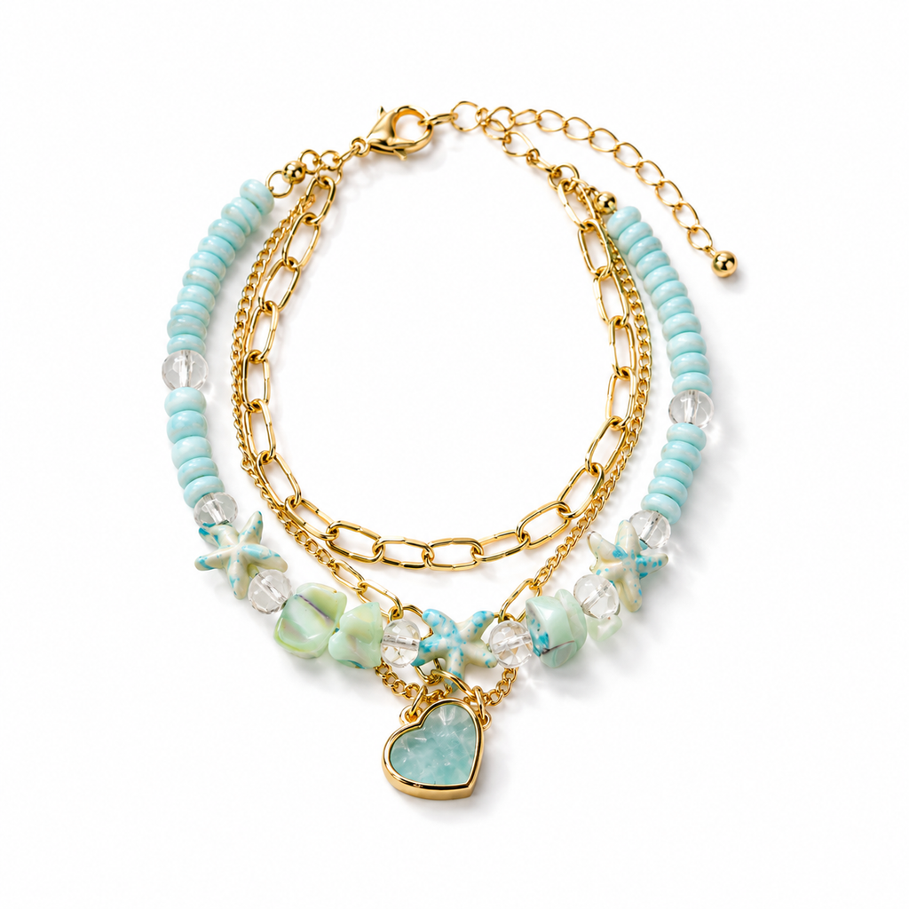Blue Beaded Layered Bracelet with Heart Charm