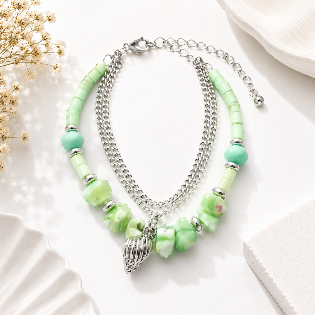 Green Beaded Layered Bracelet with Silver-Tone Chain & Charm