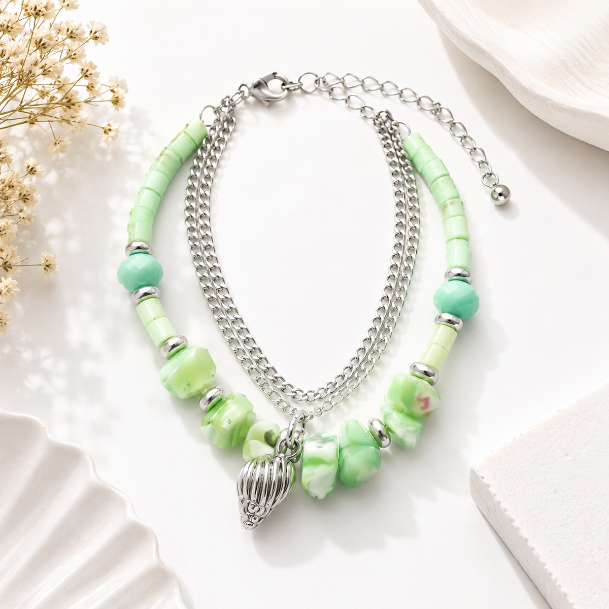 Green Beaded Layered Bracelet with Silver-Tone Chain & Charm