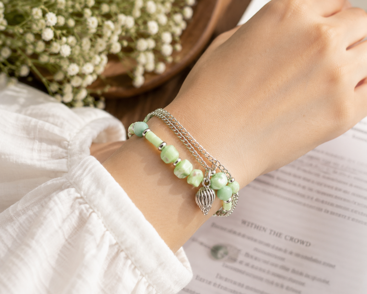 Green Beaded Layered Bracelet with Silver-Tone Chain & Charm