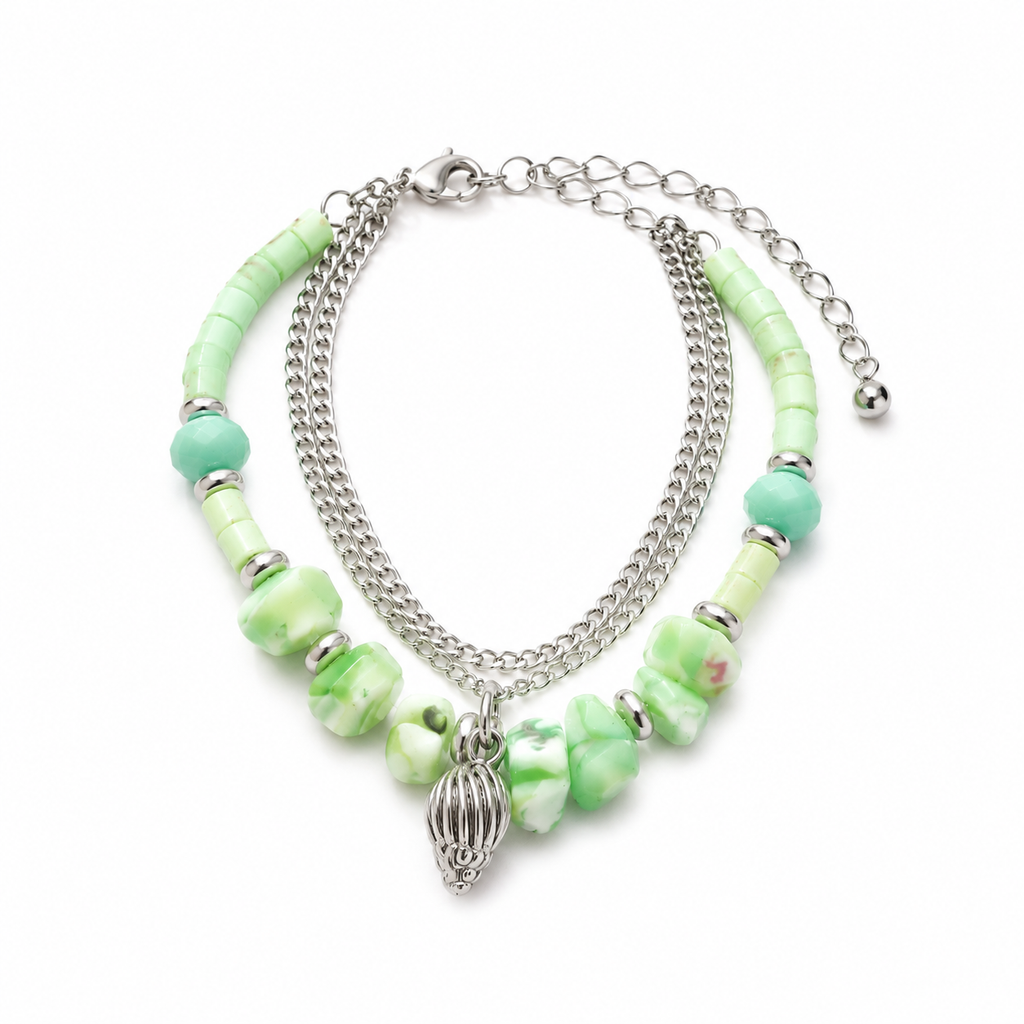 Green Beaded Layered Bracelet with Silver-Tone Chain & Charm