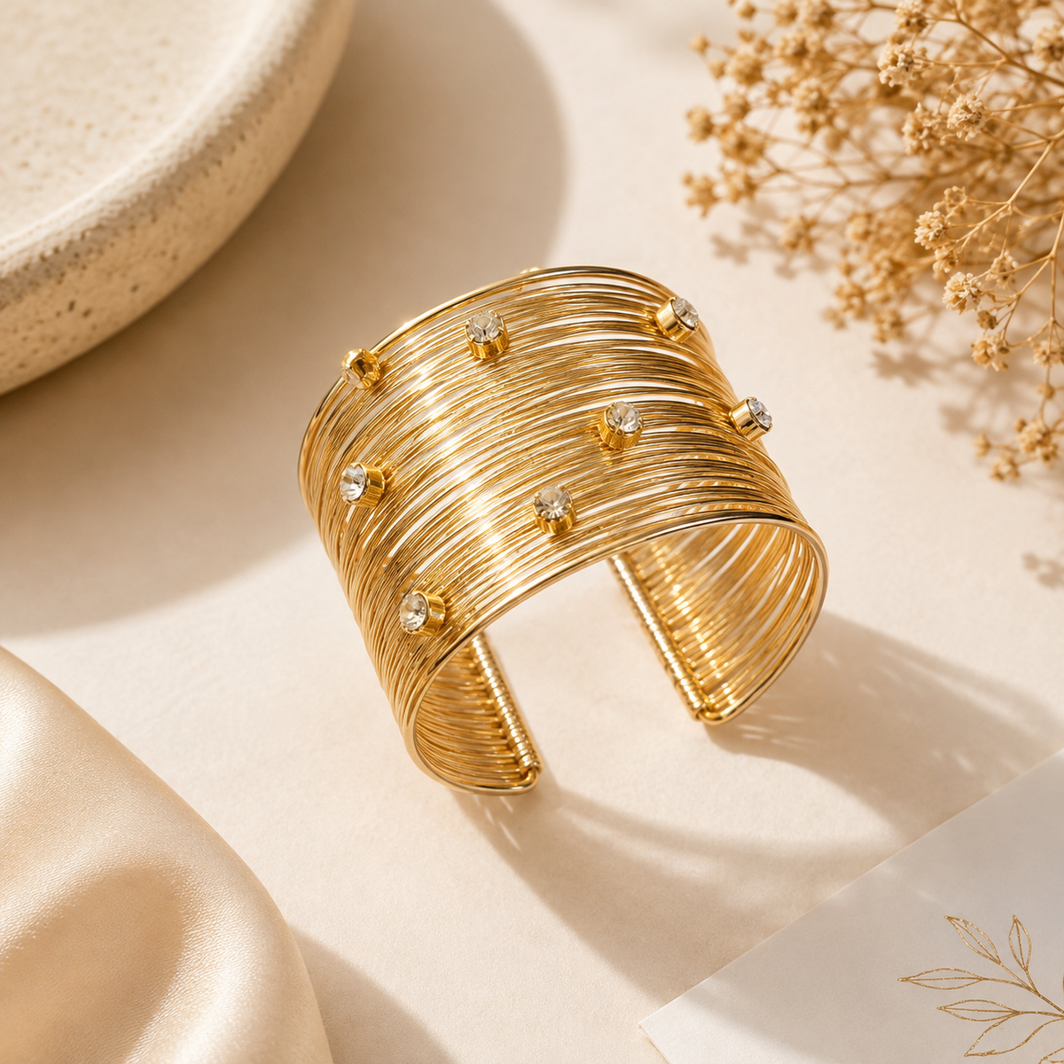 Gold Tone Rhinestone Cuff Bracelet for Women