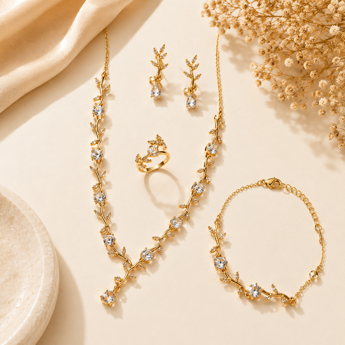 Diamond-Cut Gold Vine Crystal Jewelry Set for Women