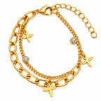 A gold-toned multi-strand bracelet featuring a chunky chain, delicate chain, starfish charms, and bezel-set clear rhinestones, displayed on a clean white background.