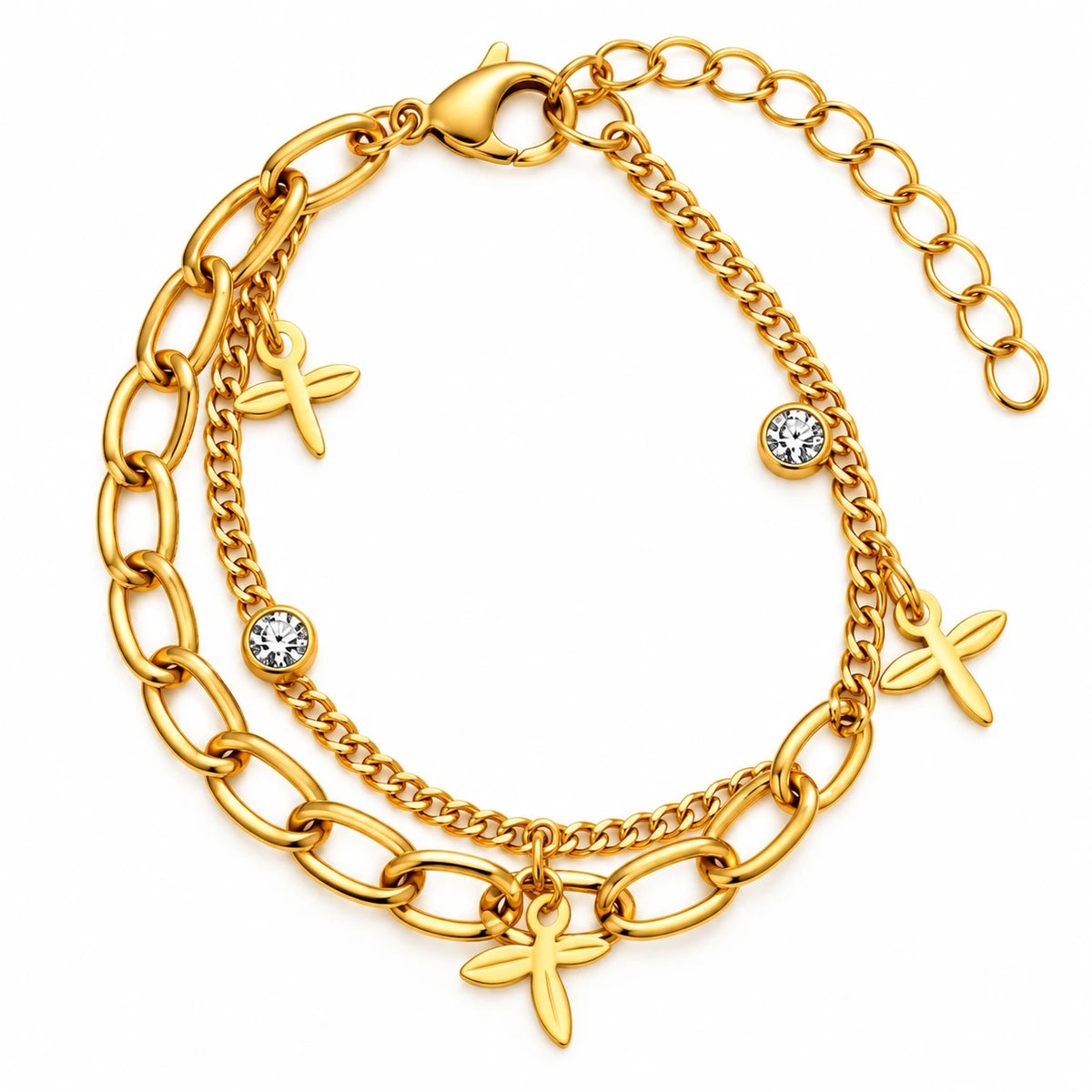 A gold-toned multi-strand bracelet featuring a chunky chain, delicate chain, starfish charms, and bezel-set clear rhinestones, displayed on a clean white background.