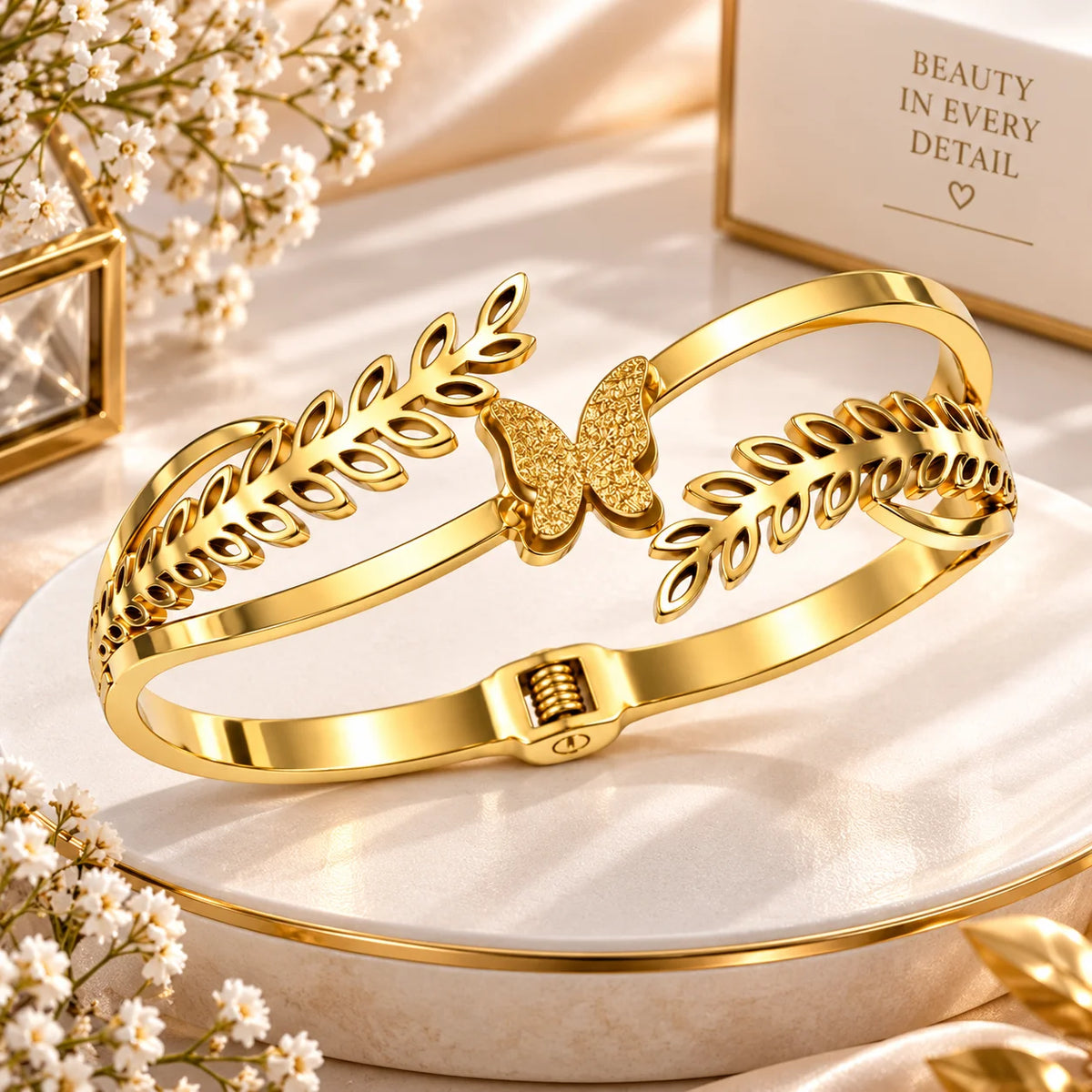 Elegant Gold Butterfly Leaf Open Cuff Bracelet