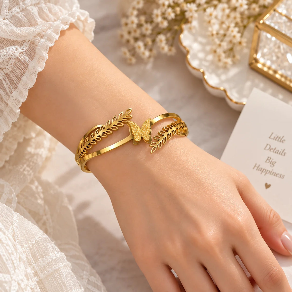 Elegant Gold Butterfly Leaf Open Cuff Bracelet