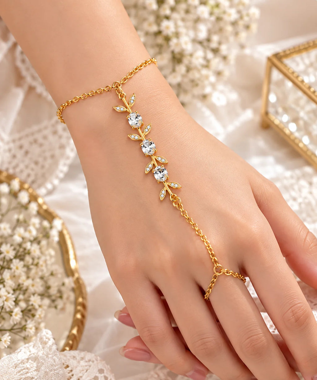 Elegant Gold Crystal Leaf Hand Chain Bracelet